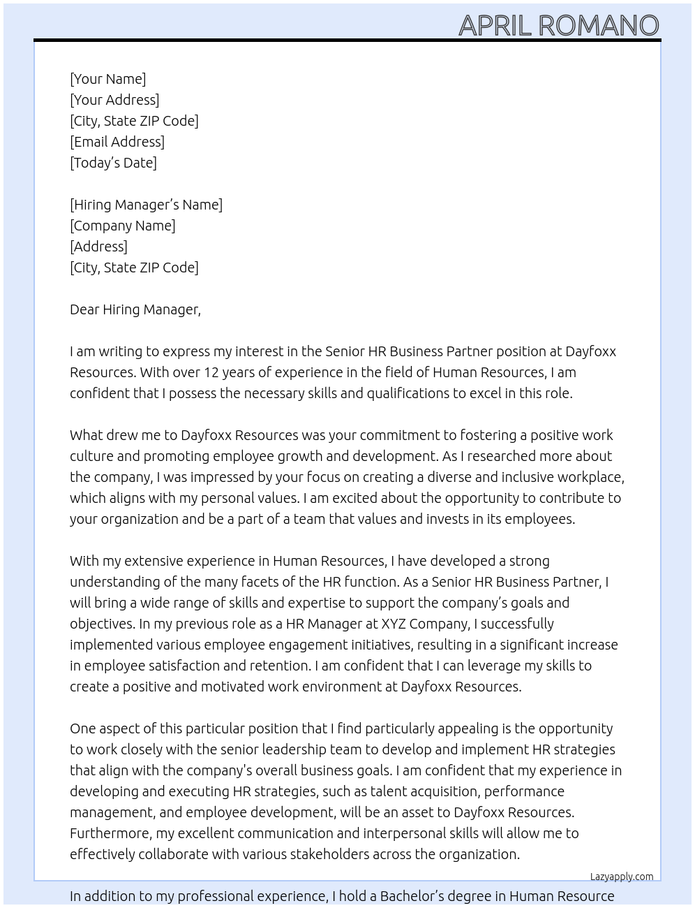 Senior HR Business Partner At Dayfoxx Resources Cover Letter
