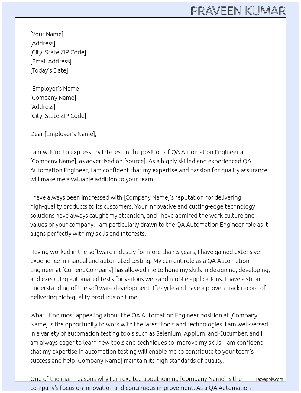 QA Automation Engineer At XXX Cover Letter
