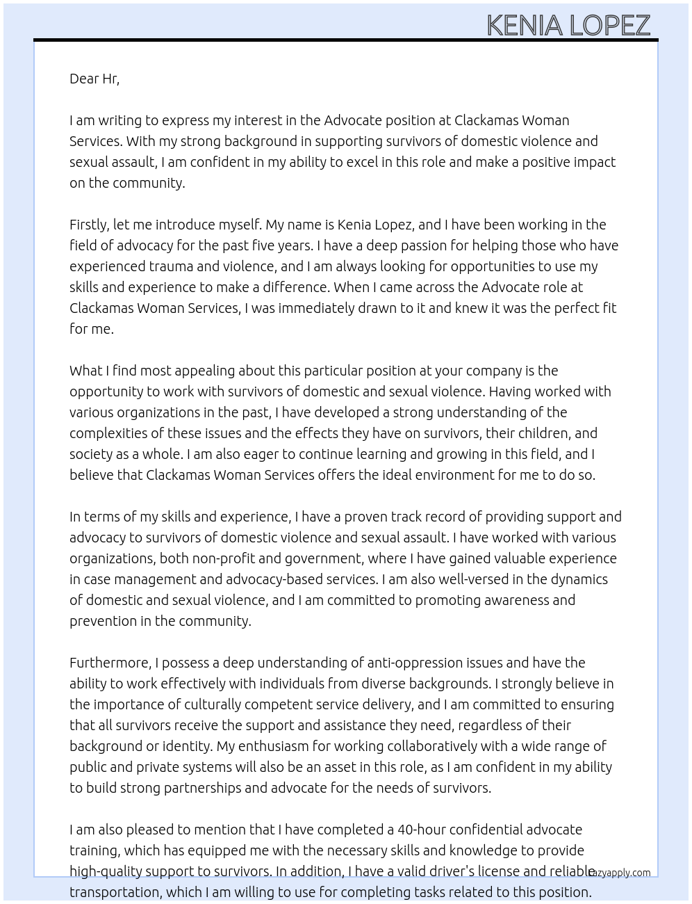 Advocate At Clackamas woman services Cover Letter