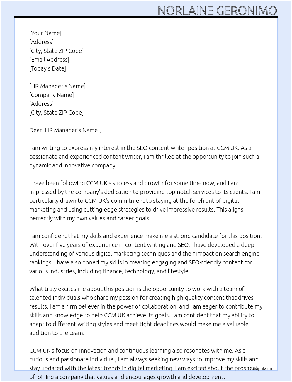 SEO content writer At CCM UK Cover Letter