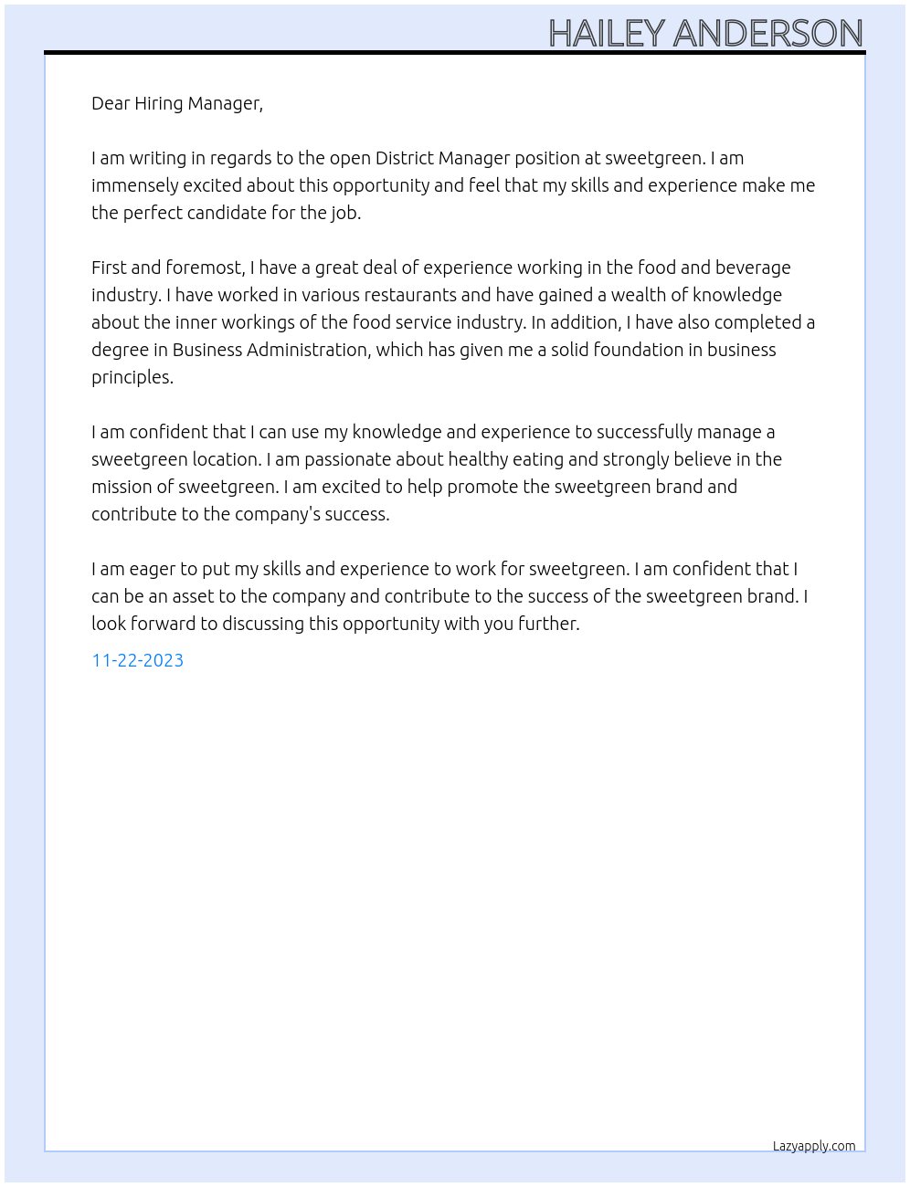 District Manager At sweetgreen Cover Letter