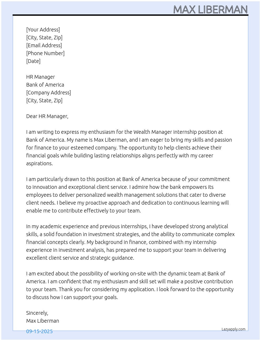 Wealth Manager At Bank of America Cover Letter