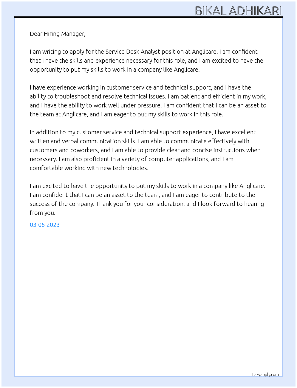 service desk analyst At Anglicare Cover Letter