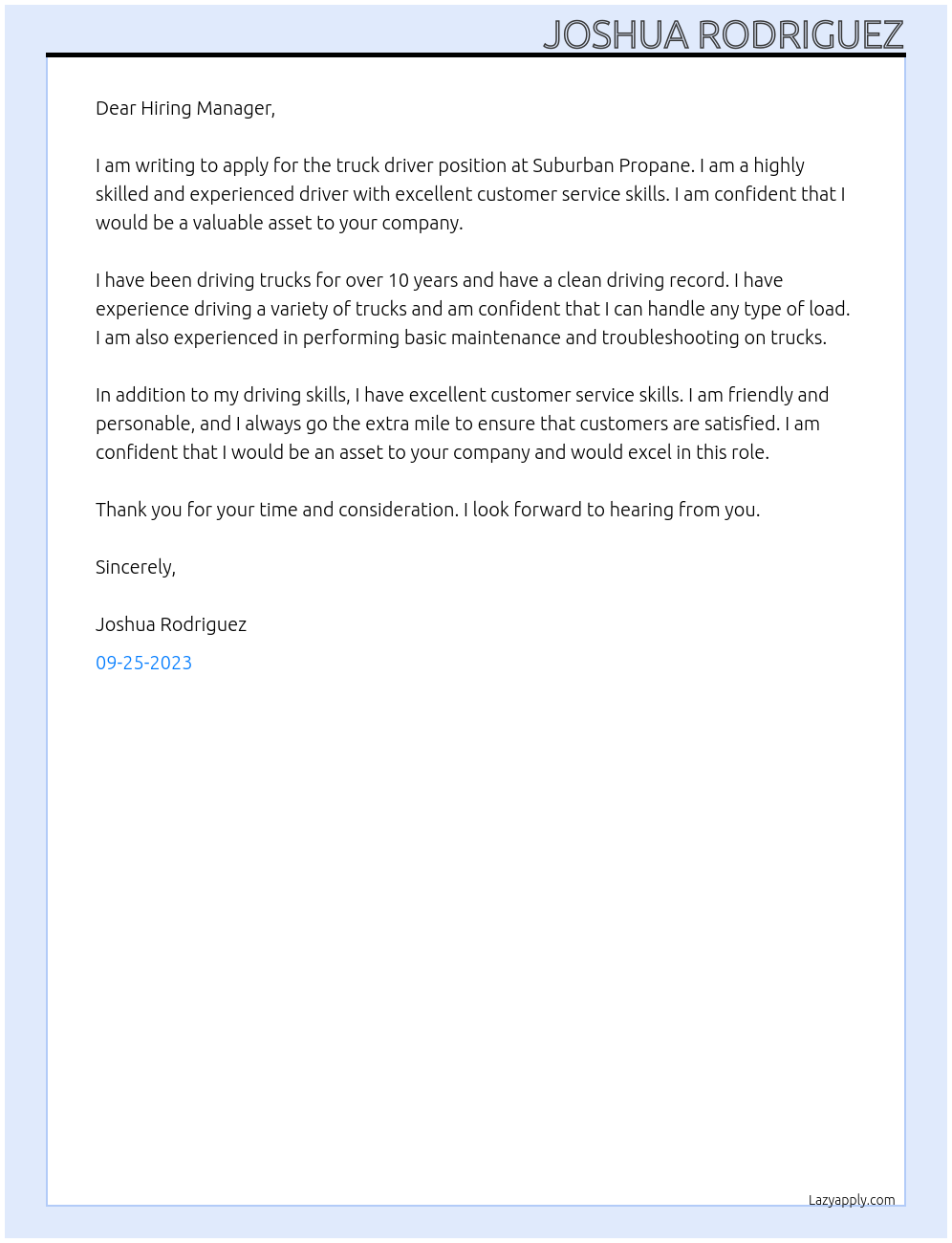 Truck Driver At Suburban Propane Cover Letter