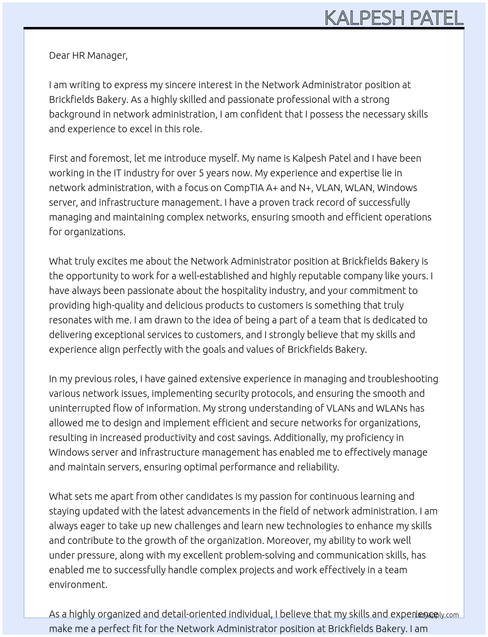 Network Administrator At Brickfields Bakery Cover Letter