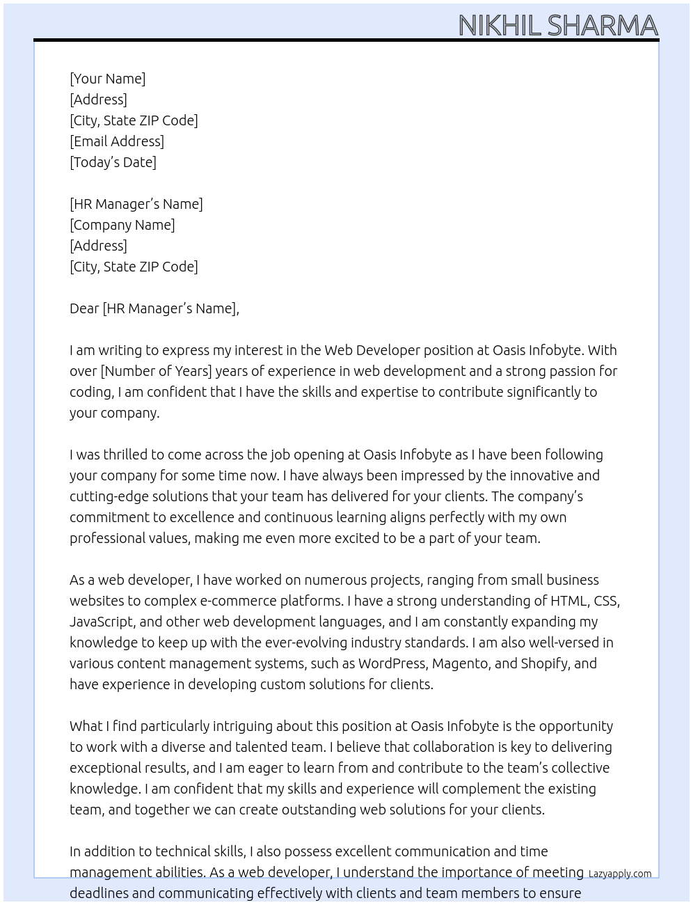 Web developer At Oasis Infobyte Cover Letter
