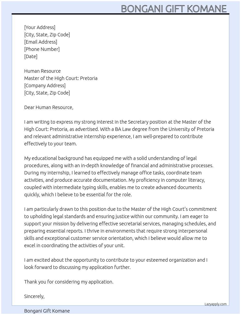 Secretary At Master of the High court: Pretoria Cover Letter