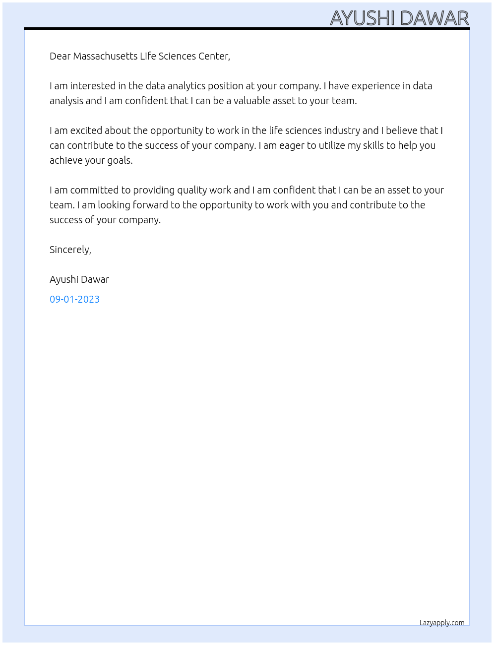 Data analytics At Massachusetts Life Sciences Center Cover Letter