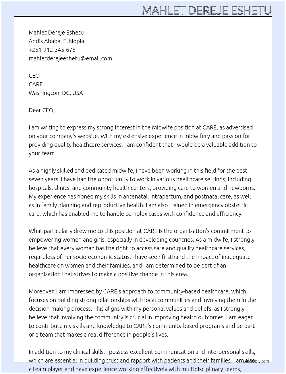 Midwife At CARE Cover Letter