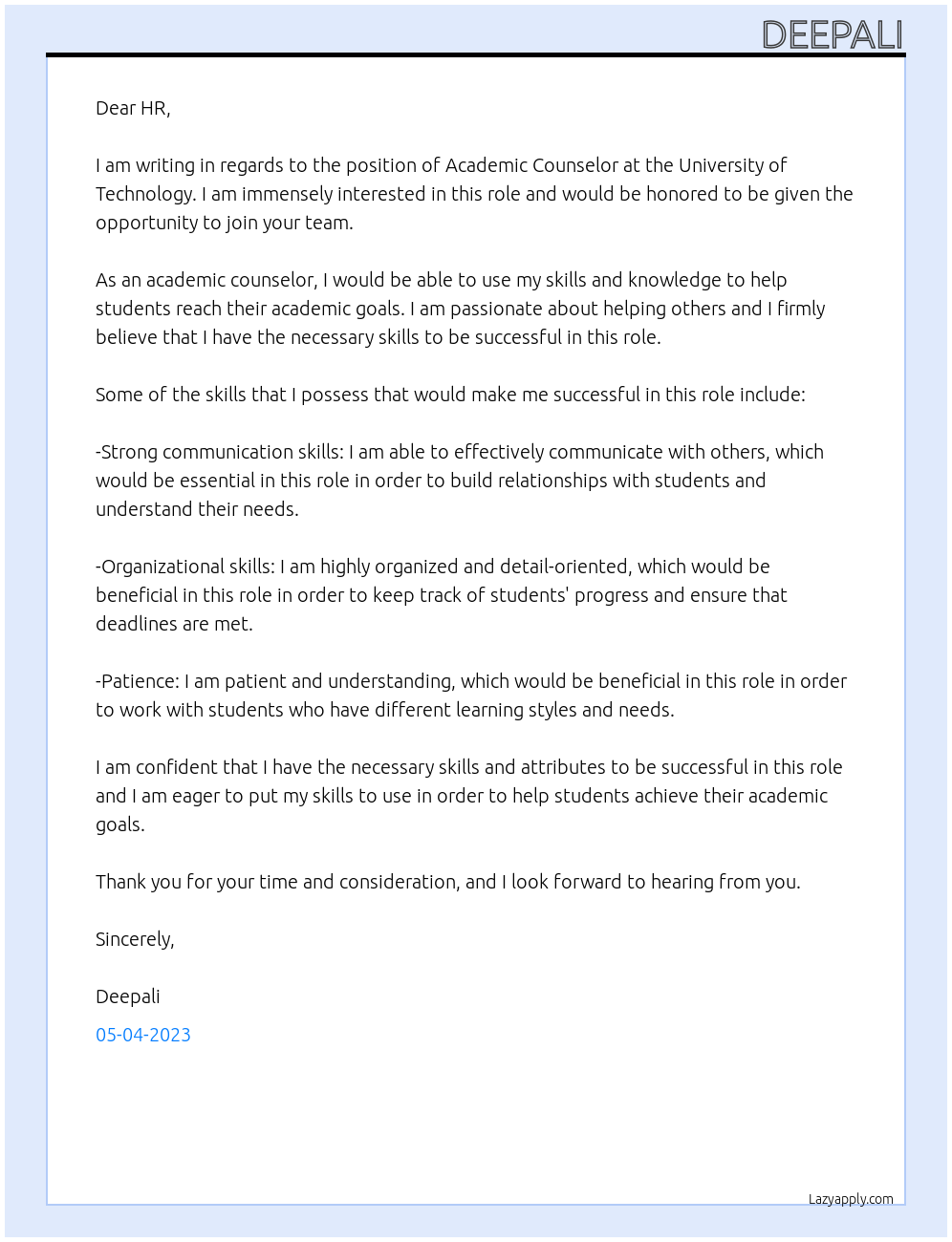 ACADEMIC COUNSELOR At University of Technology Cover Letter