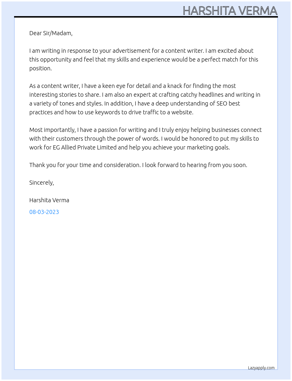 Content writing At EG Allied Private Limited Cover Letter