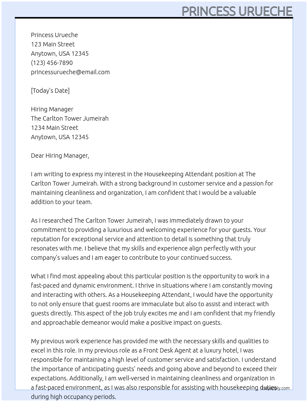 Housekeeping Attendant  At The Carlton Tower Jumeirah Cover Letter