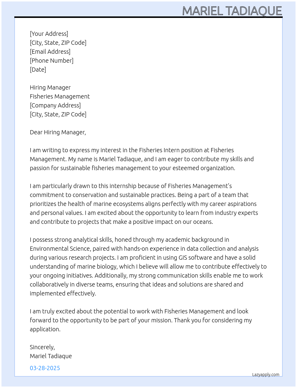 fisheries intern At fisheries management Cover Letter