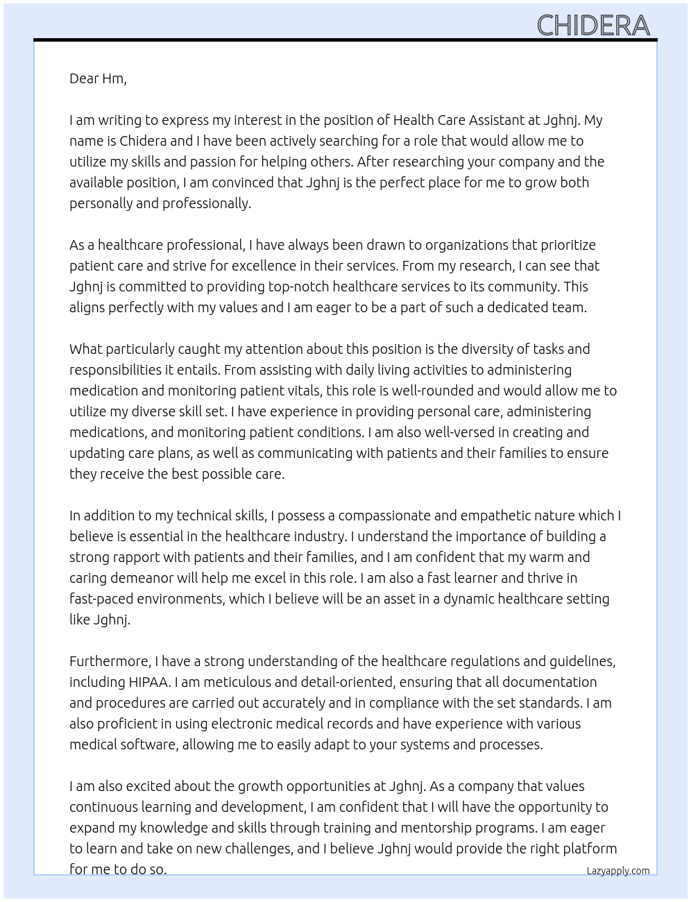 Health care Assistant  At Jghnj Cover Letter