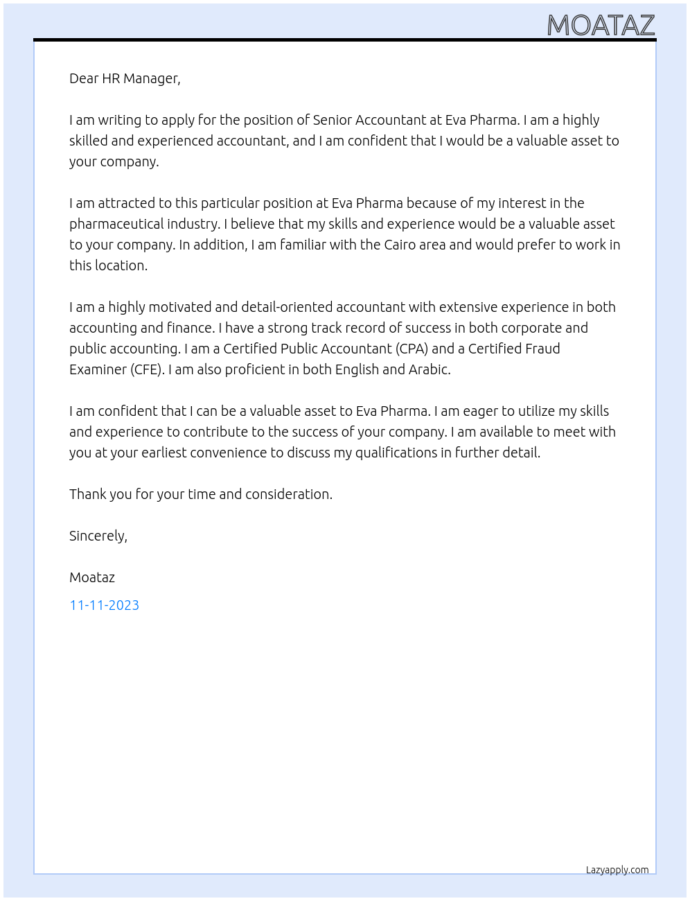 Senior accountant At Eva pharma Cover Letter