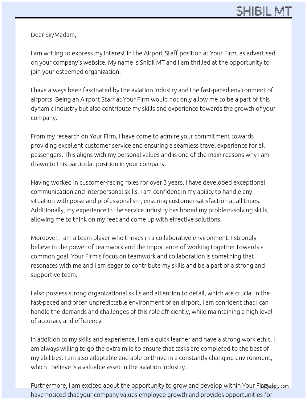 Airport staff At Your firm Cover Letter