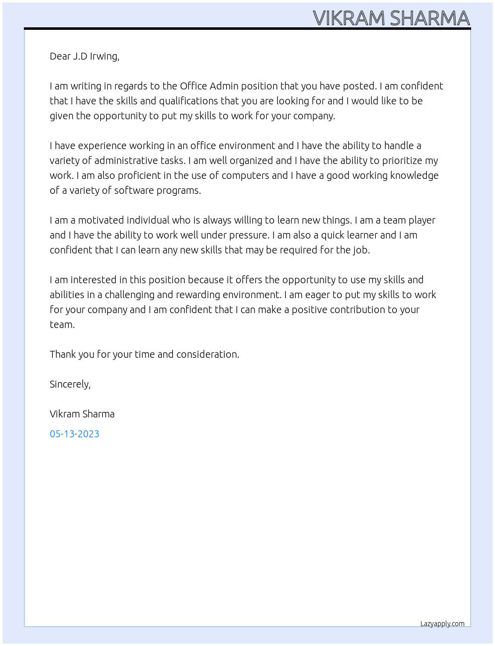 Office Admin At J.D Irwing Cover Letter