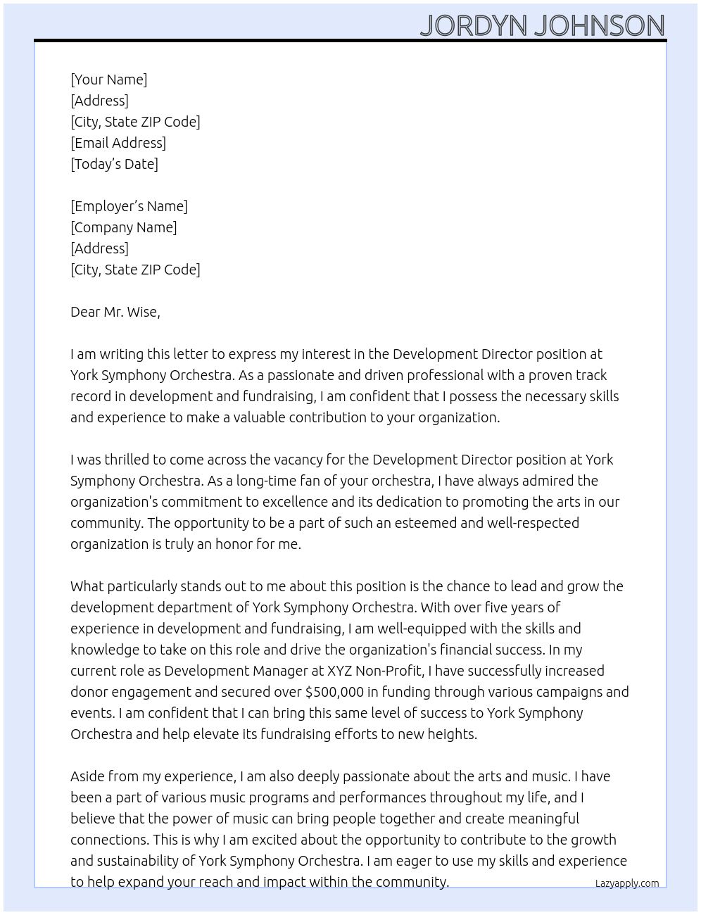 Development Director At York Symphony Orchestra Cover Letter