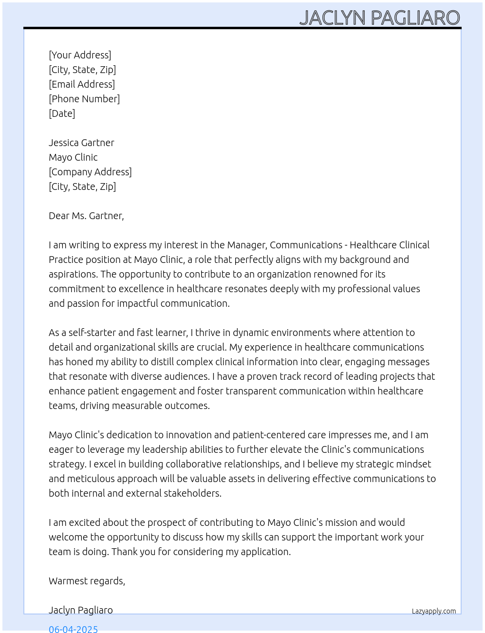 Manager, Communications - Healthcare Clinical Practice At Mayo Clinic Cover Letter