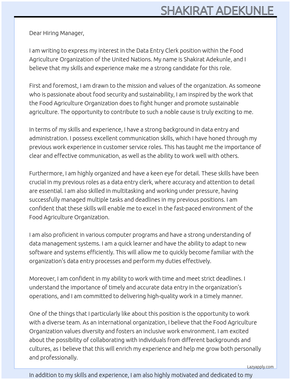 Data entry clerk At Food Agriculture organization of the united Nations Cover Letter