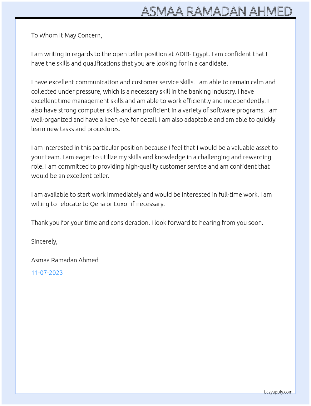 Teller At ADIB- Egypt Cover Letter