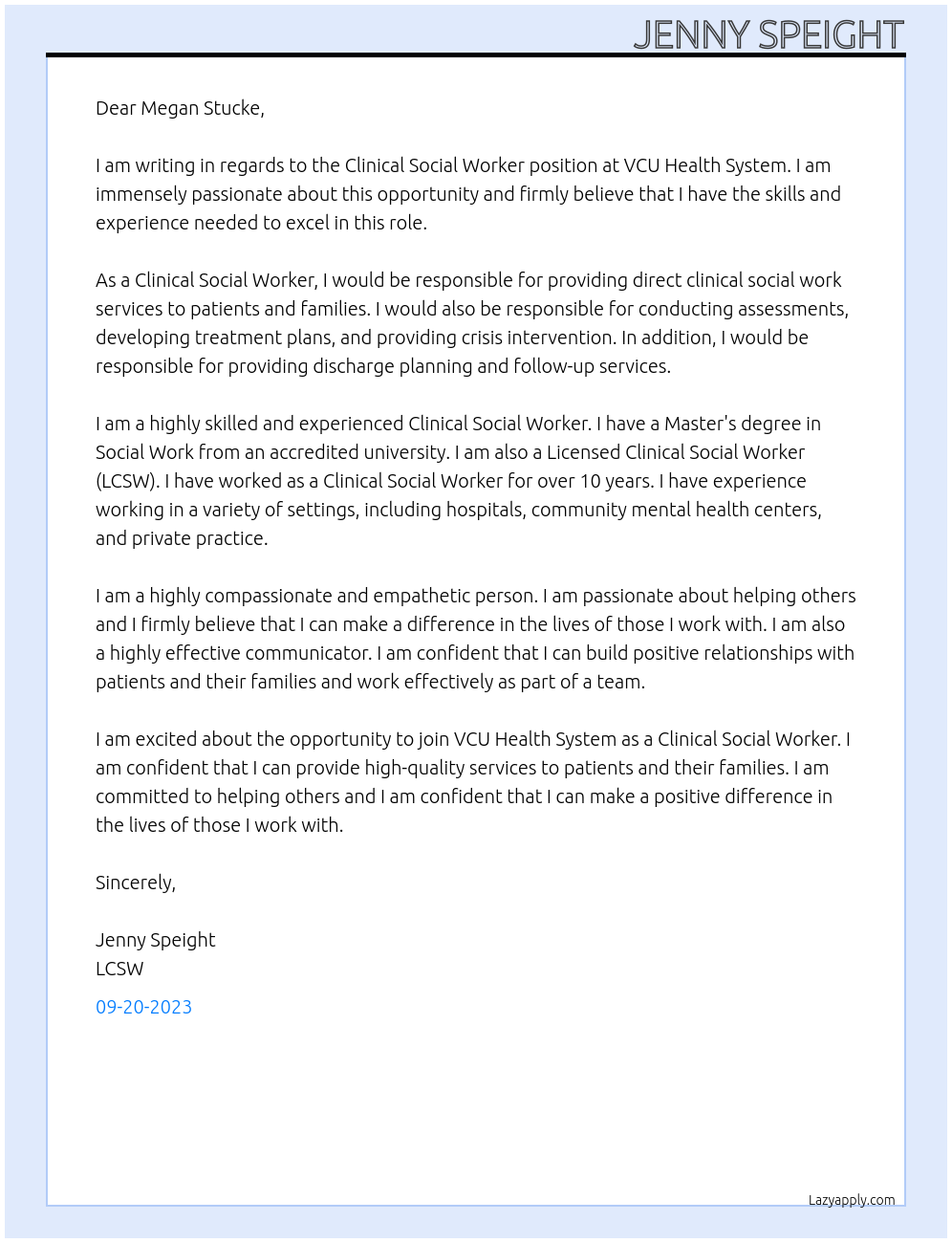 Clinical Social Worker At VCU Health System  Cover Letter