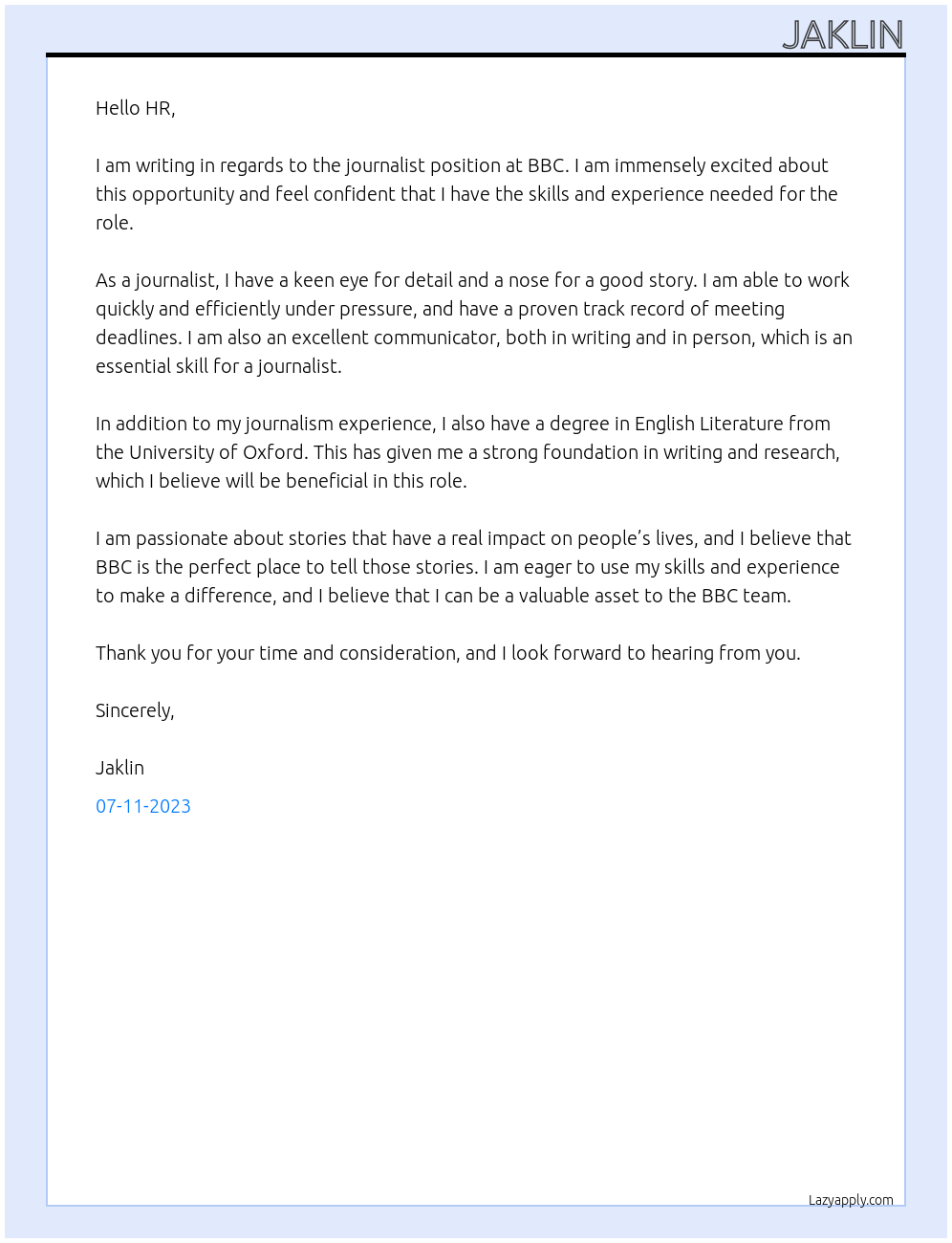 journalist At bbc Cover Letter