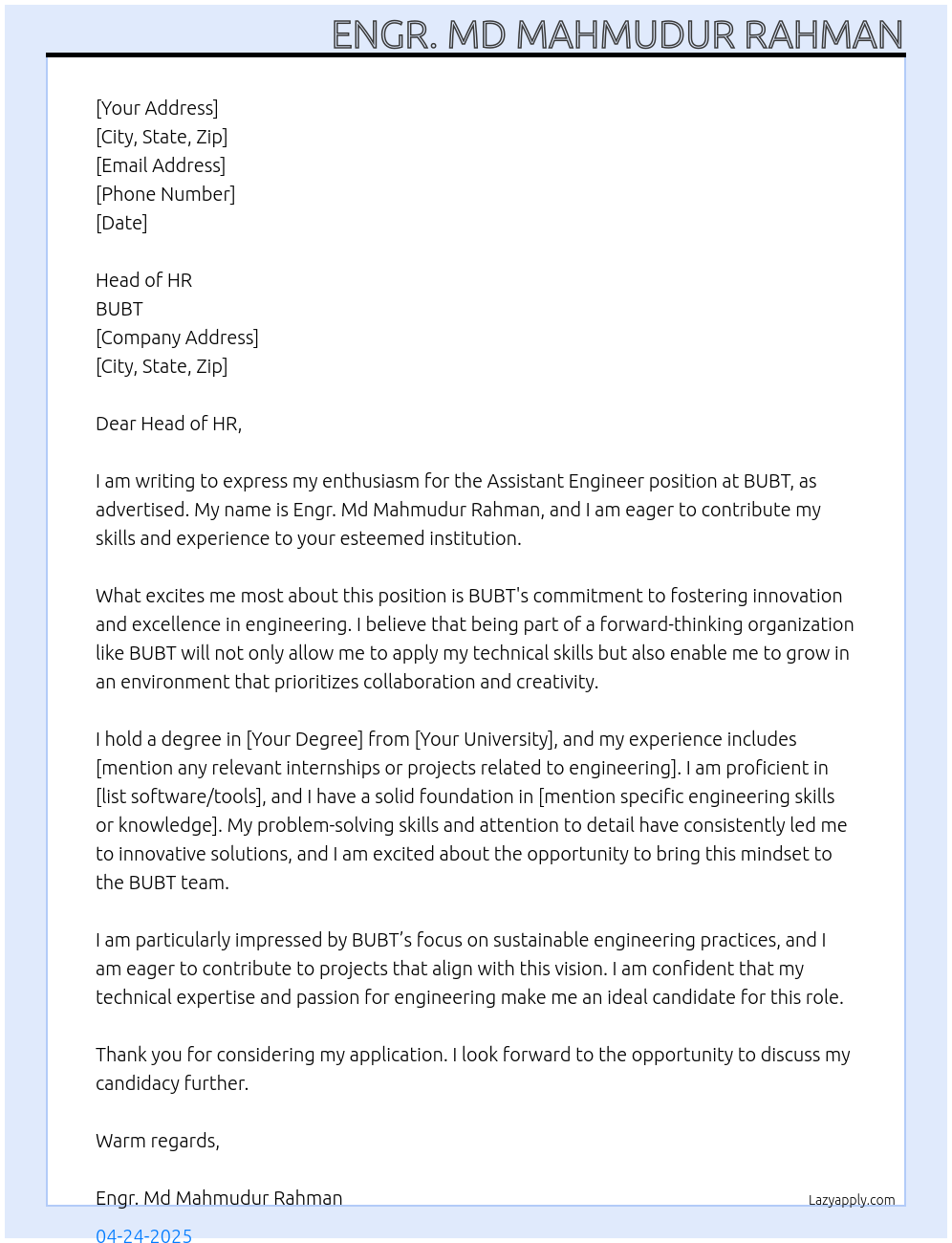 Assistant Engineer At BUBT Cover Letter