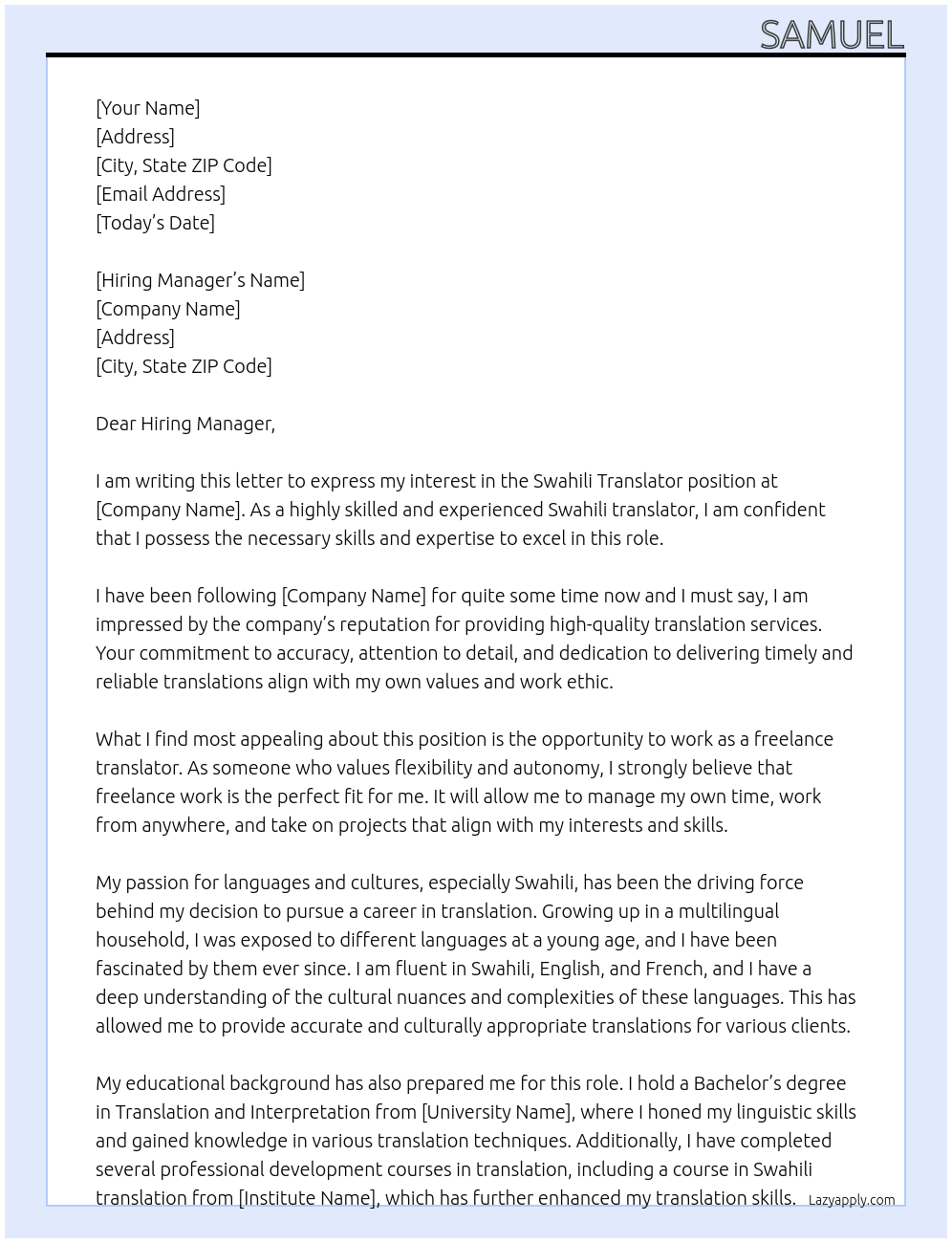 swahili translater At freelance Cover Letter