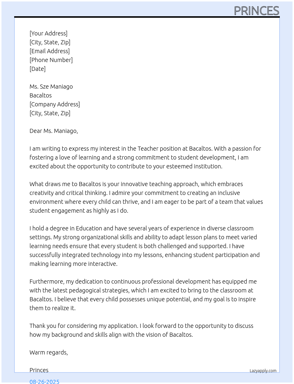 Teacher At Bacaltos Cover Letter