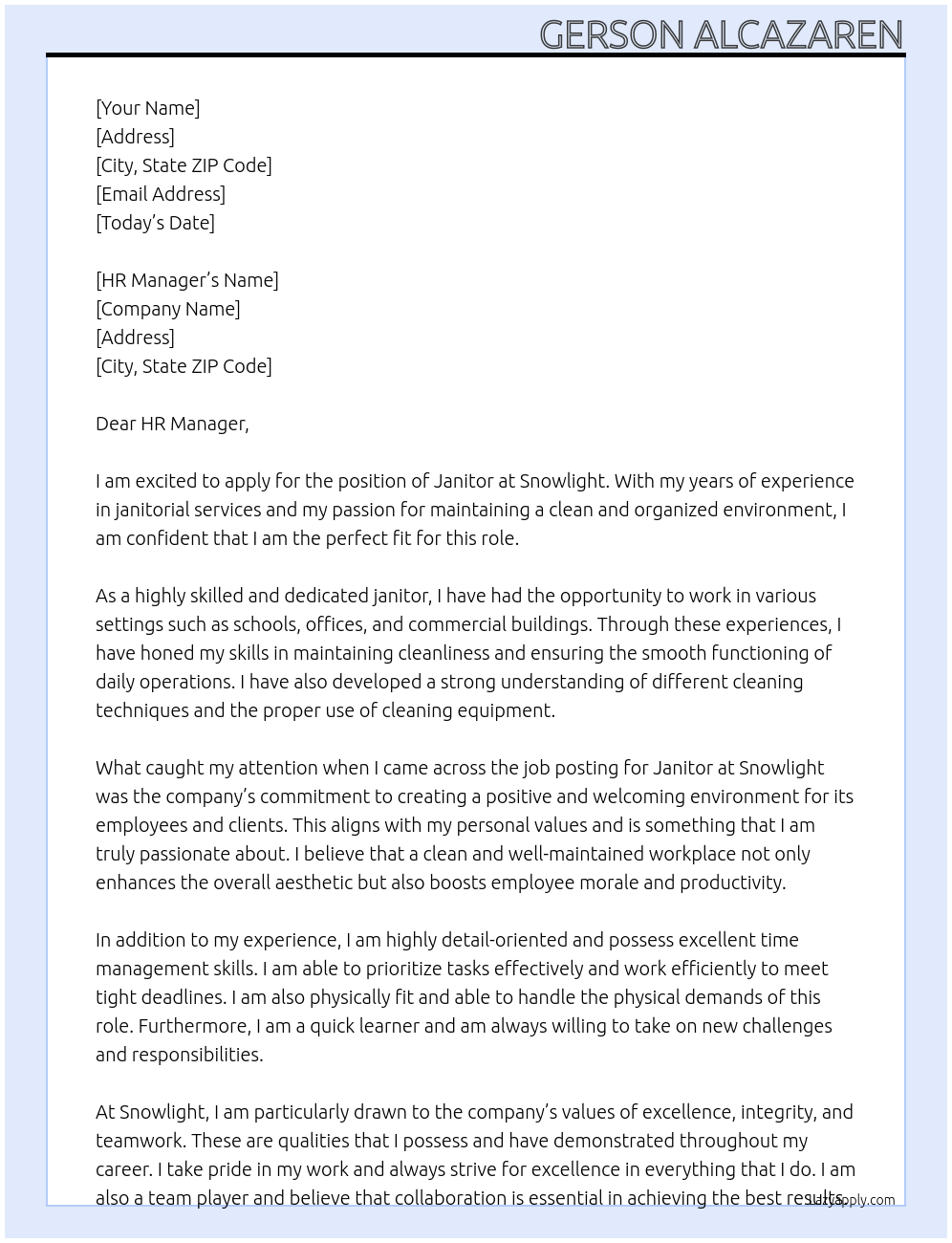 Janitor At Snowlight Cover Letter