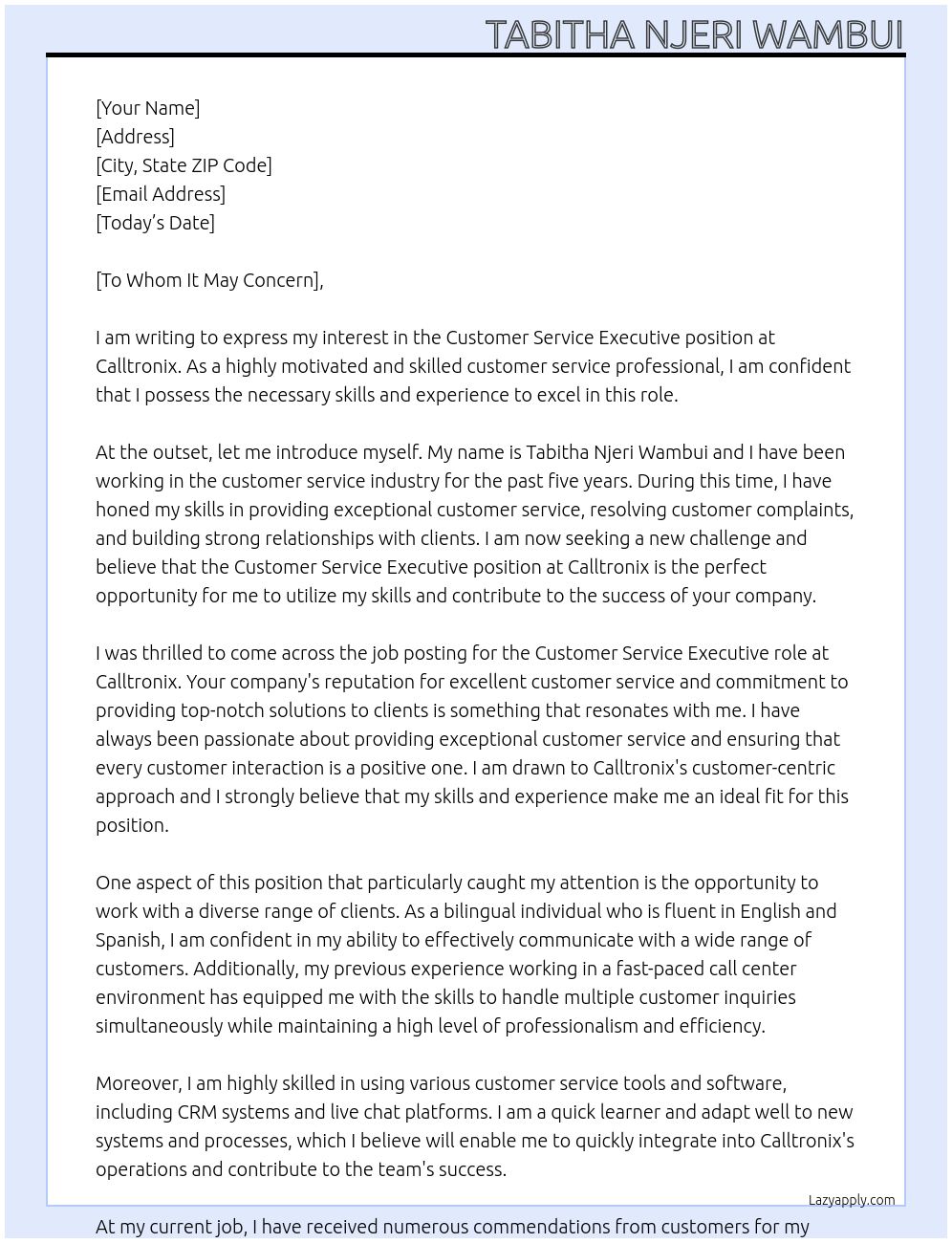 Customer Service Executive At Calltronix Cover Letter