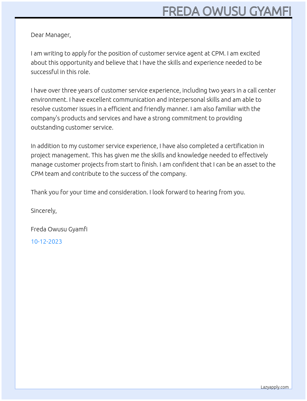 Customer service agent At CPM Cover Letter