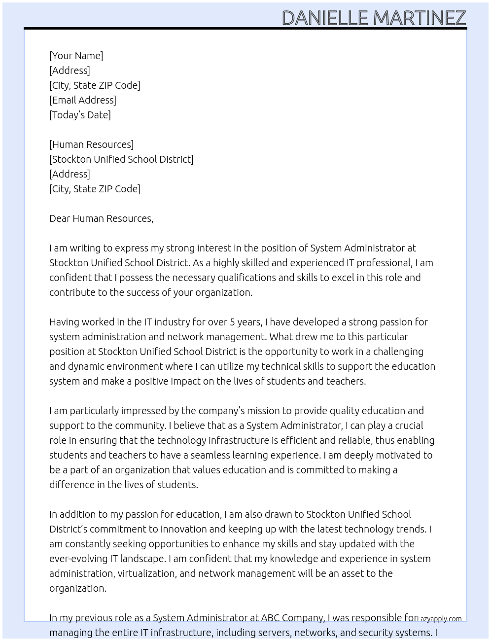 System Administrator At Stockton Unified School District Cover Letter