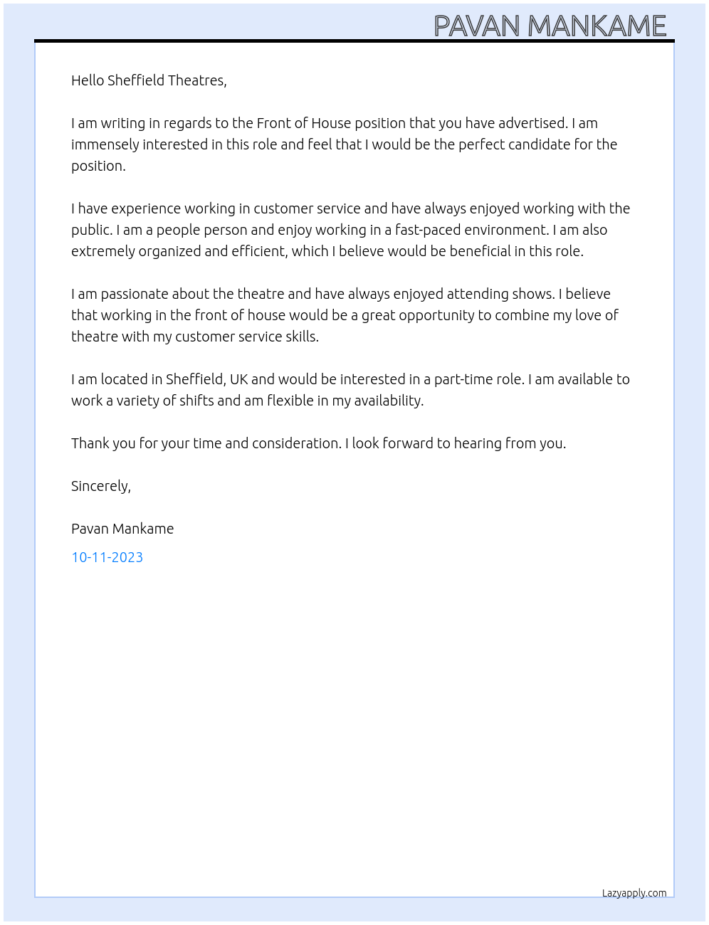 front of house At sheffield theatres Cover Letter