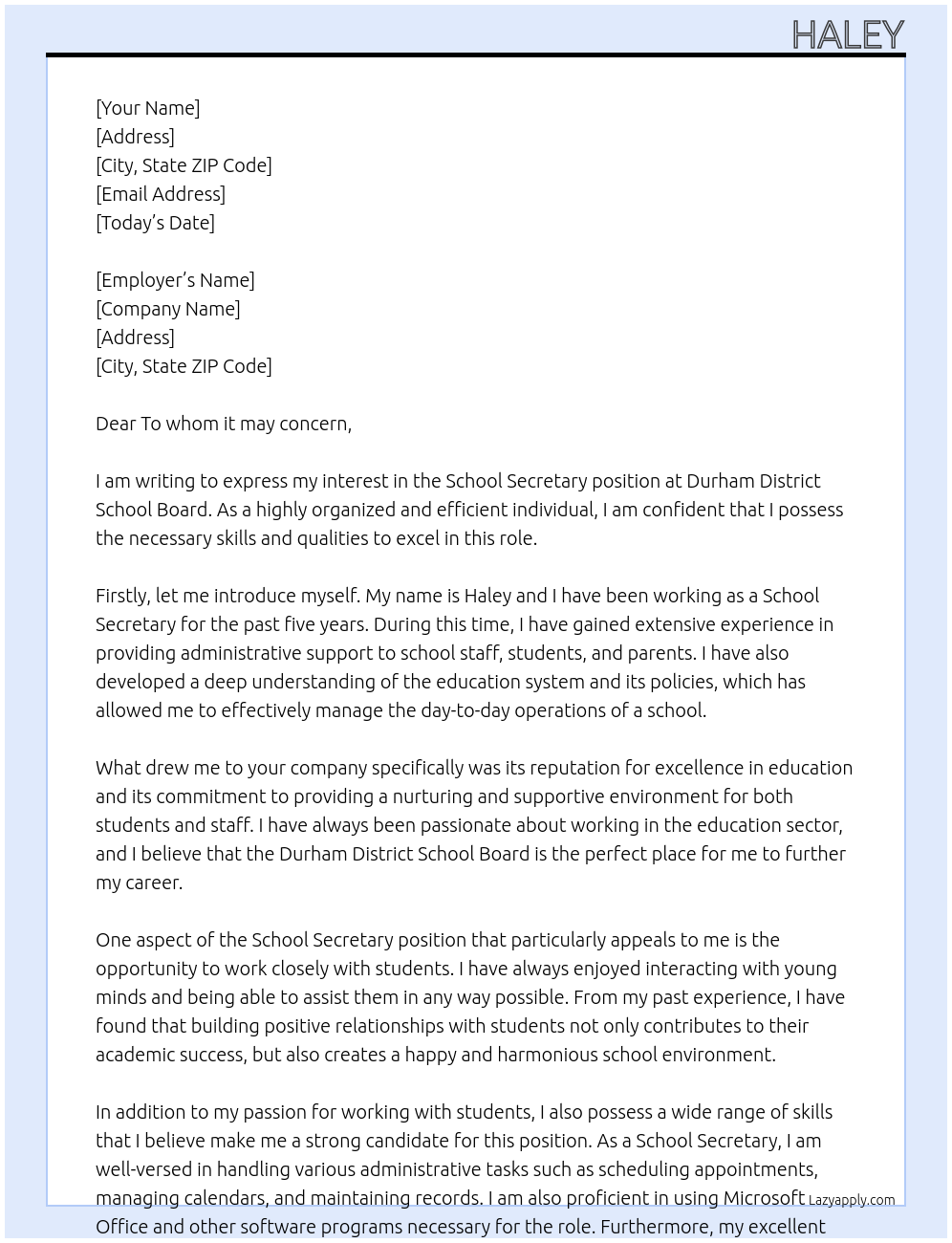 School Secretary At Durham District School Board Cover Letter