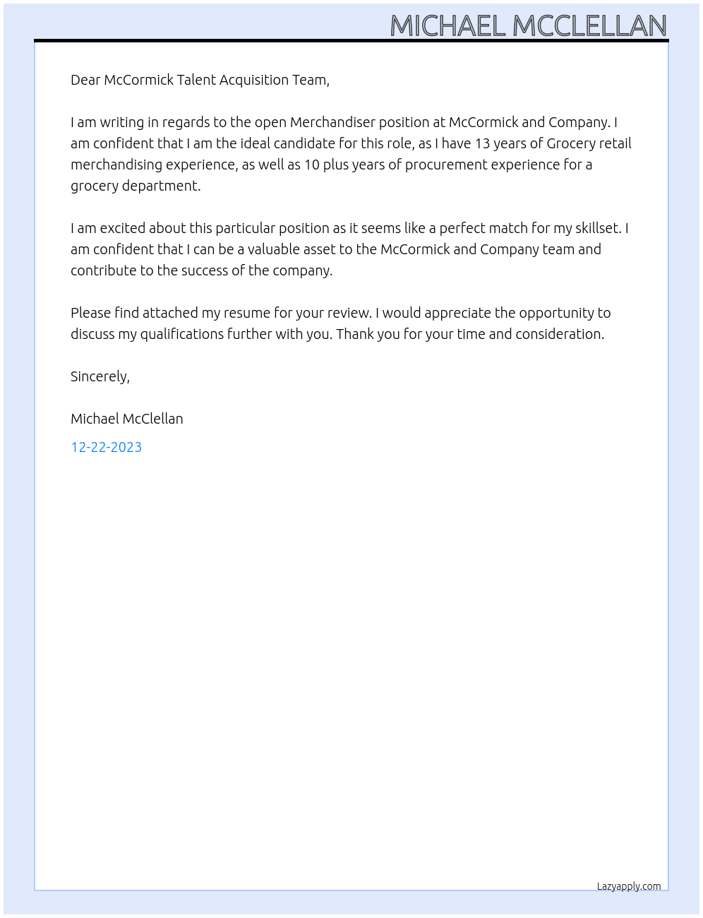 Merchandiser At McCormick and Company Cover Letter