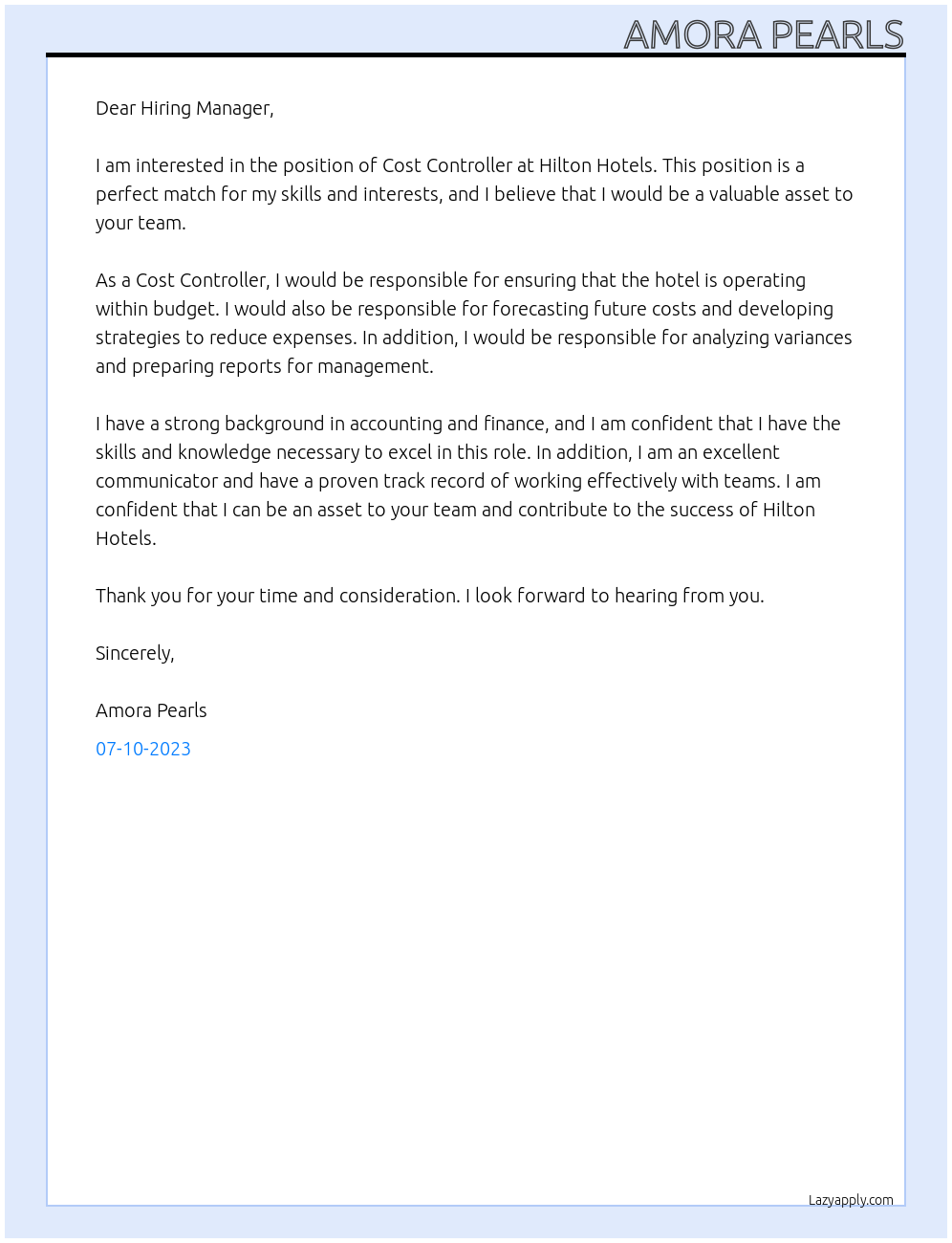 Cost Controller At Hilton Hotels Cover Letter