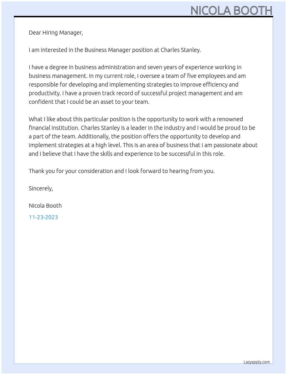 Business Manager At Charles Stanley Cover Letter