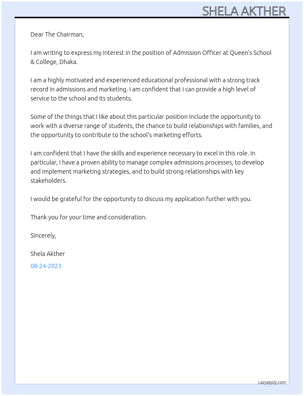 Admission Officer At Queen's School & College, Dhaka. Cover Letter