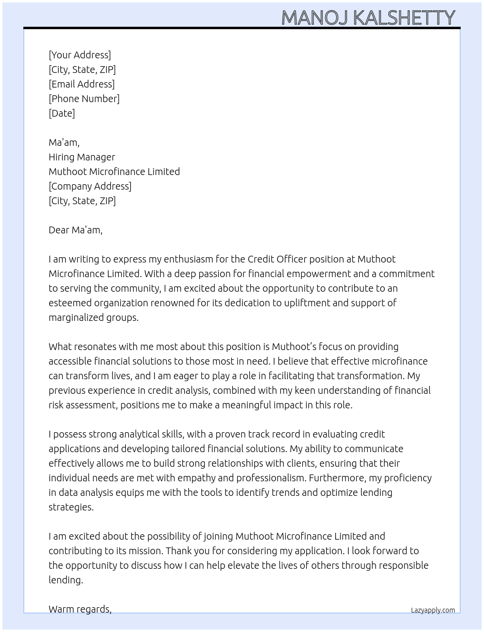 Credit officer  At Muthoot microfinance Limited  Cover Letter