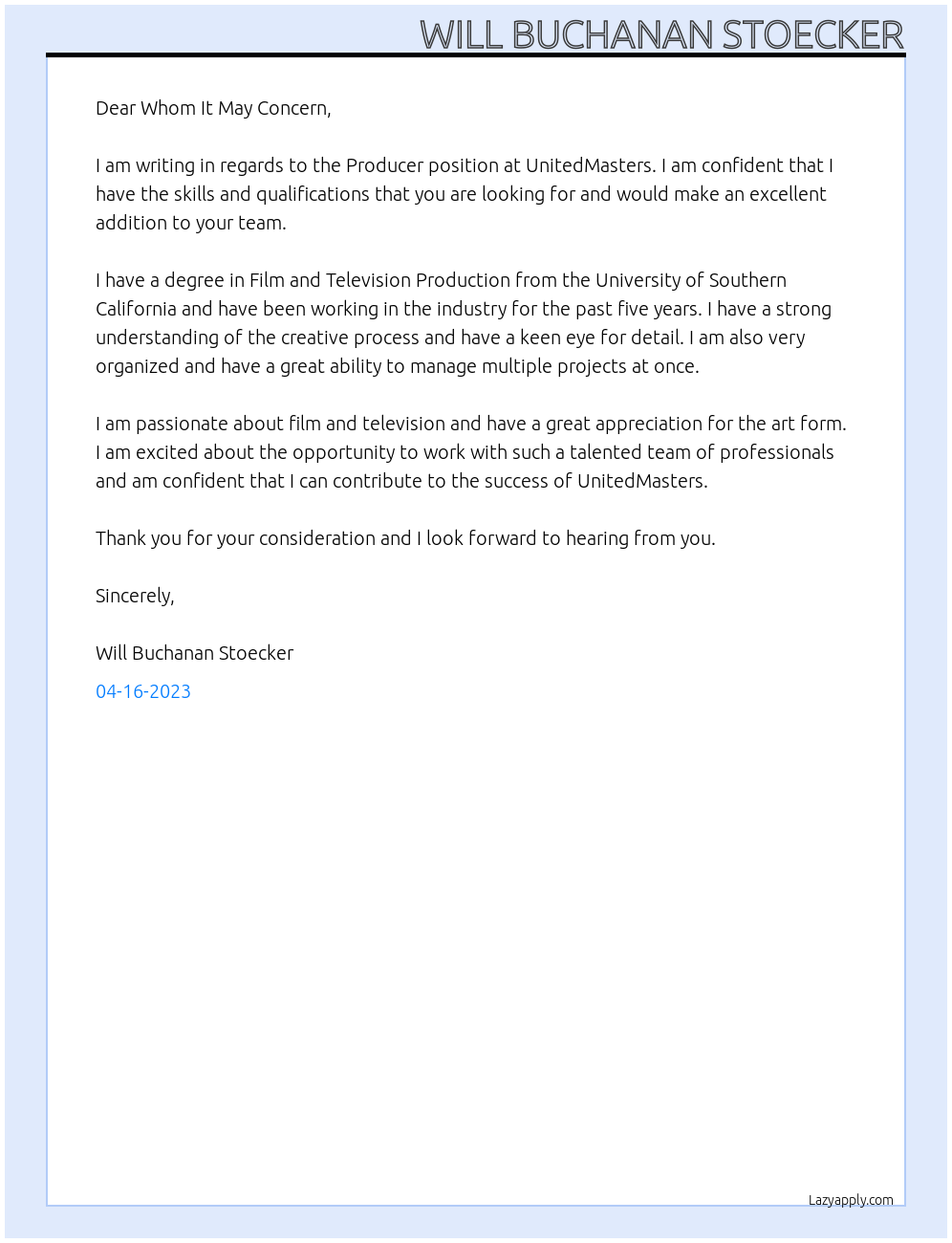 Producer At UnitedMasters Cover Letter