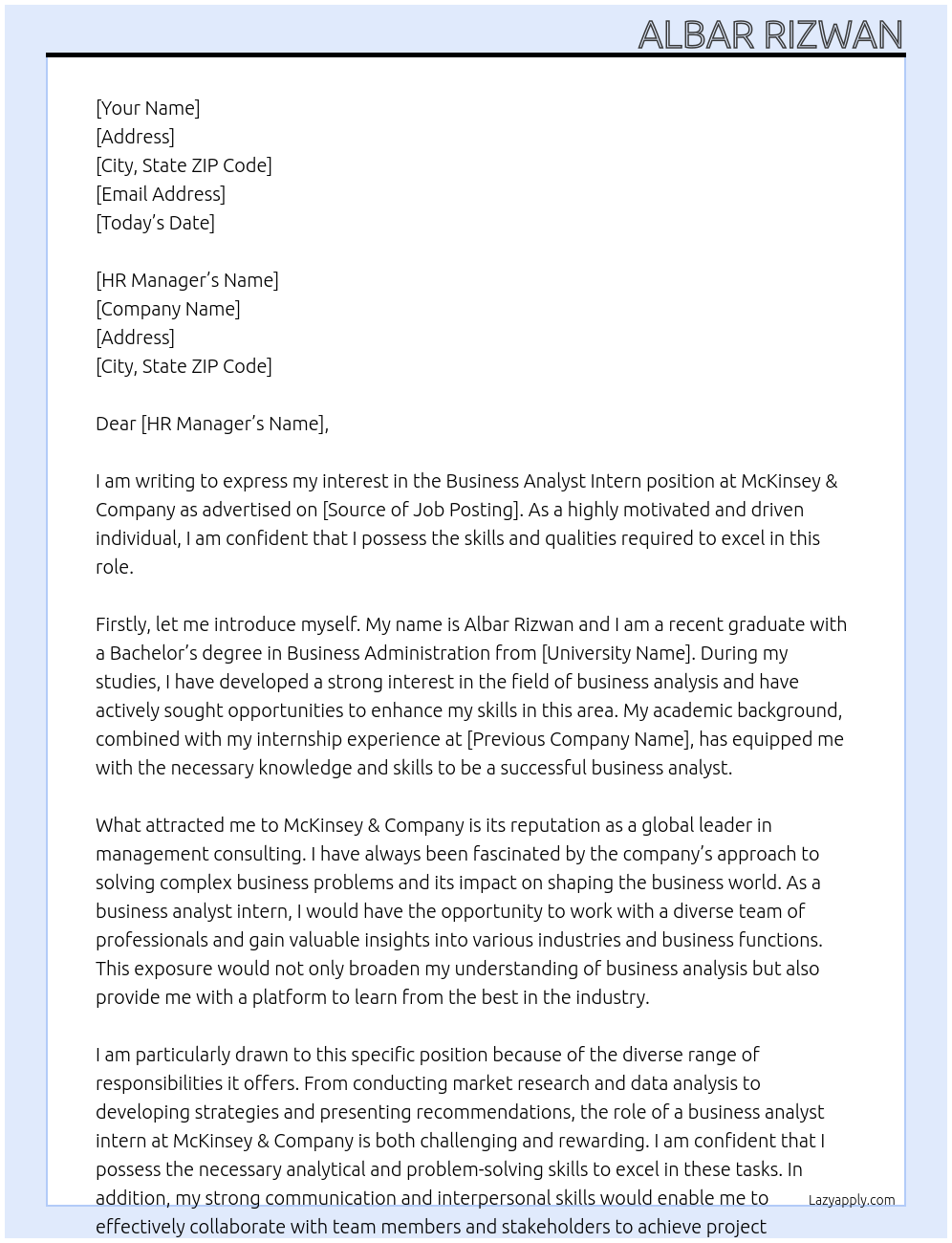 Business Analyst Intern At McKinsey & Coompany Cover Letter