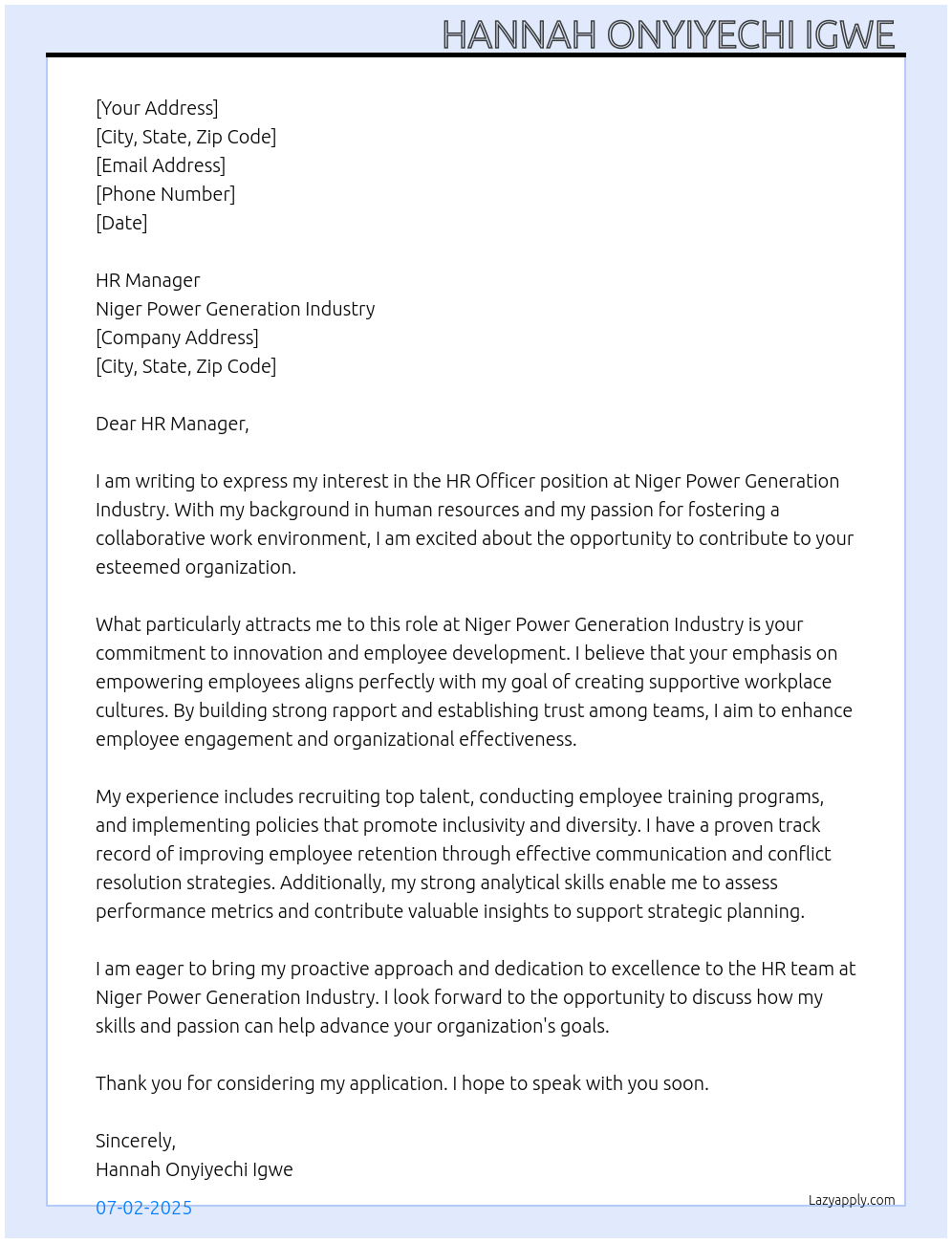 HR Officer At Niger Power Generation Industry Cover Letter