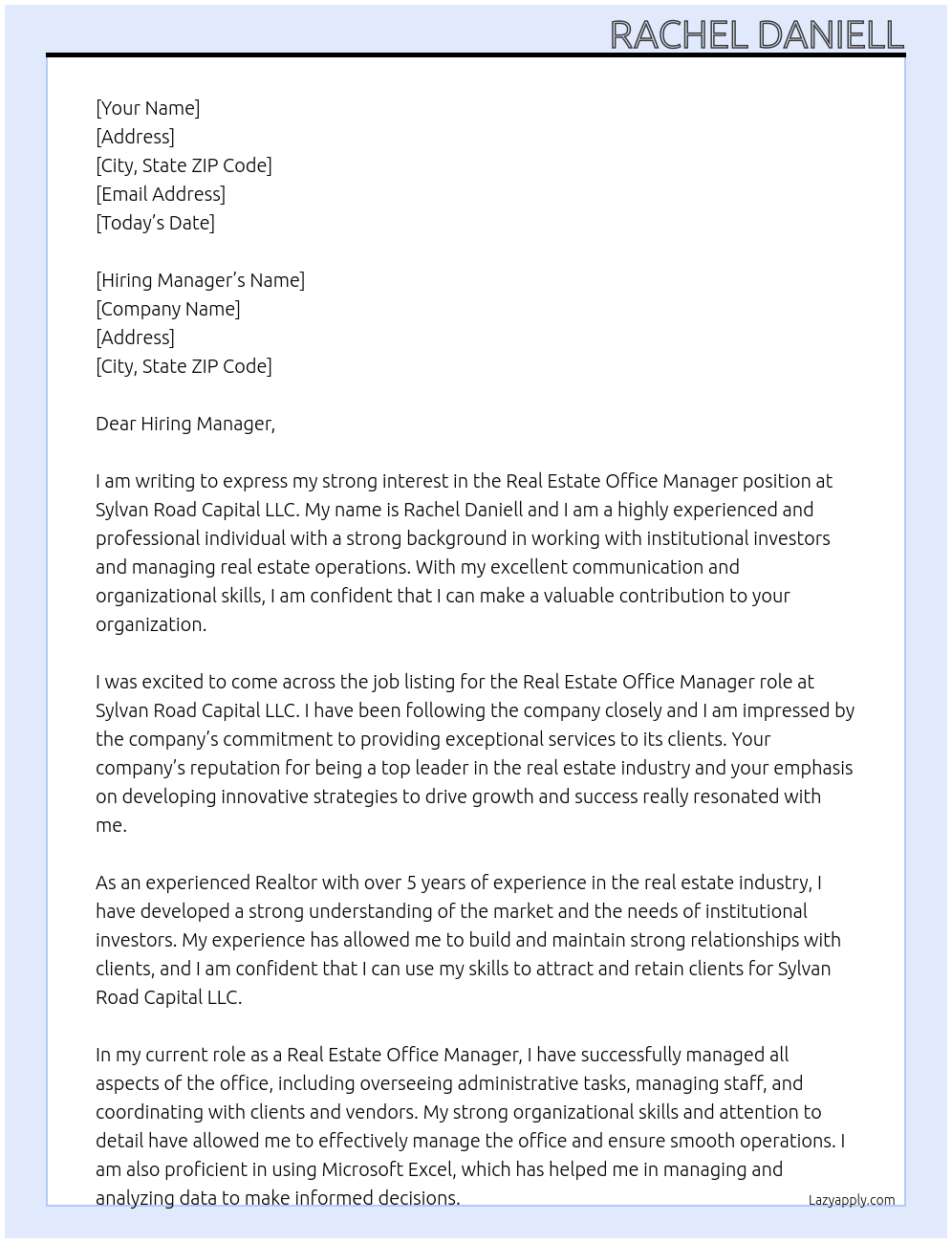Real Estate Office Manager At Sylvan Road Capital LLC Cover Letter