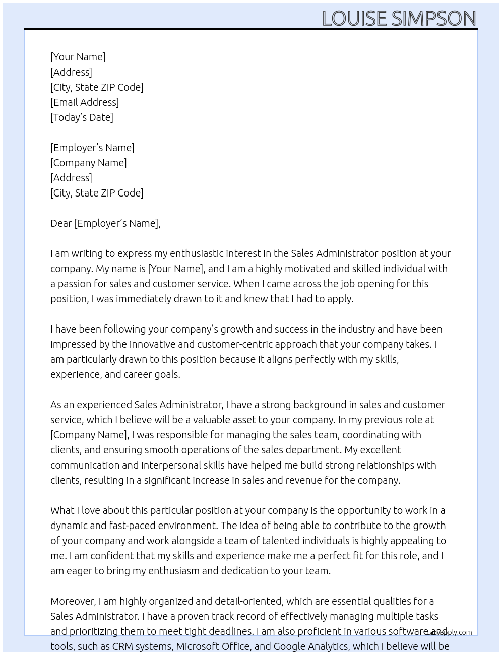 Sales Administrator At Not known Cover Letter