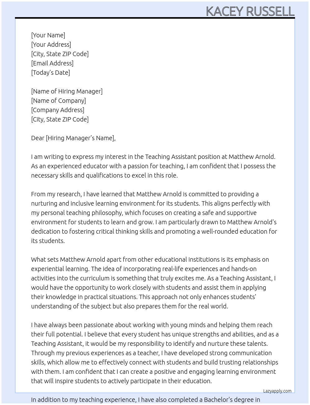 Teaching Assistant At Matthew Arnold Cover Letter