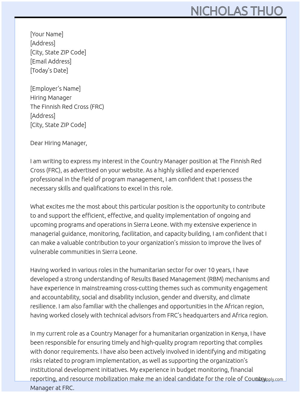 Country Manager At The Finnish Red Cross (FRC) Cover Letter