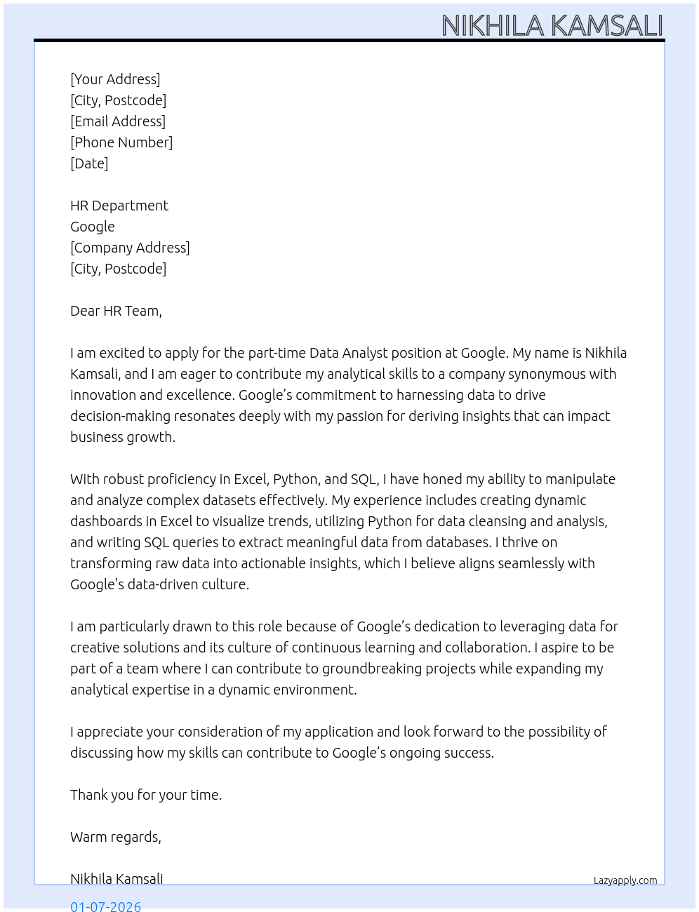 data analyst At google Cover Letter