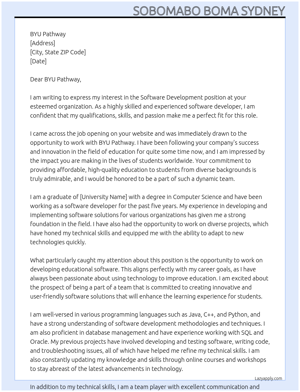 Software development At BYU Pathway Cover Letter